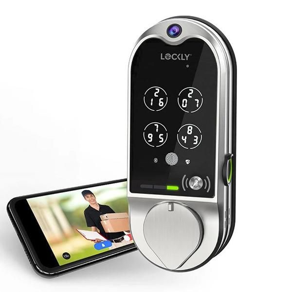 Digital door lock on a brown wooden front door near the frame
