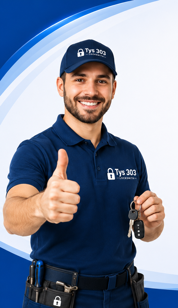 Smiling uniformed locksmith giving thumbs-up and holding keys against a blue background