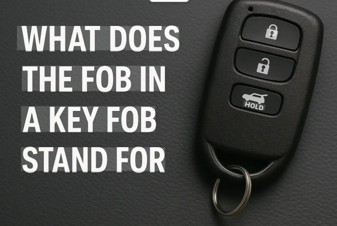 Black car key fob with lock, unlock, and trunk buttons beside text asking what “fob” stands for