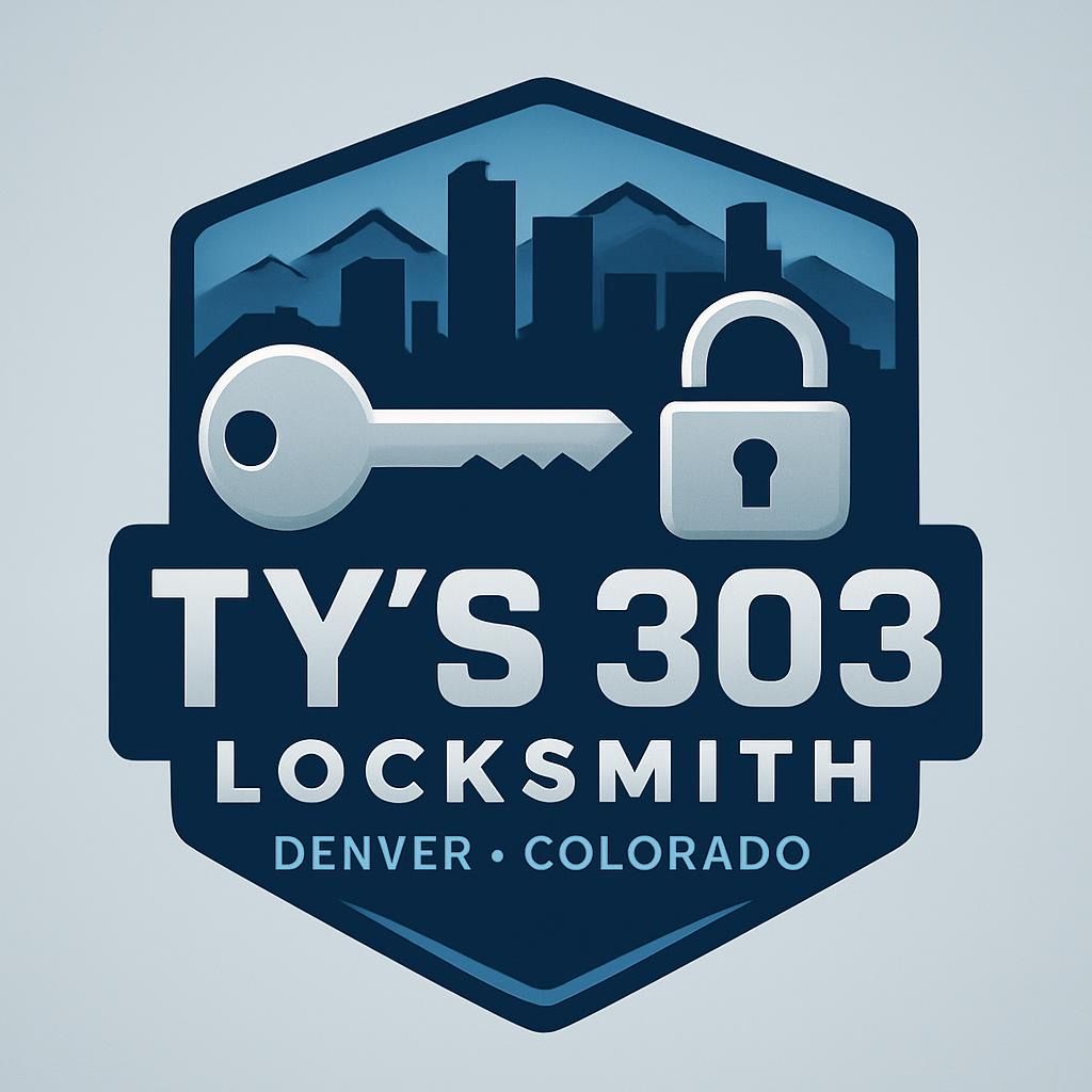 TY'S 303 Locksmith logo with key and padlock over Denver skyline, blue shield design