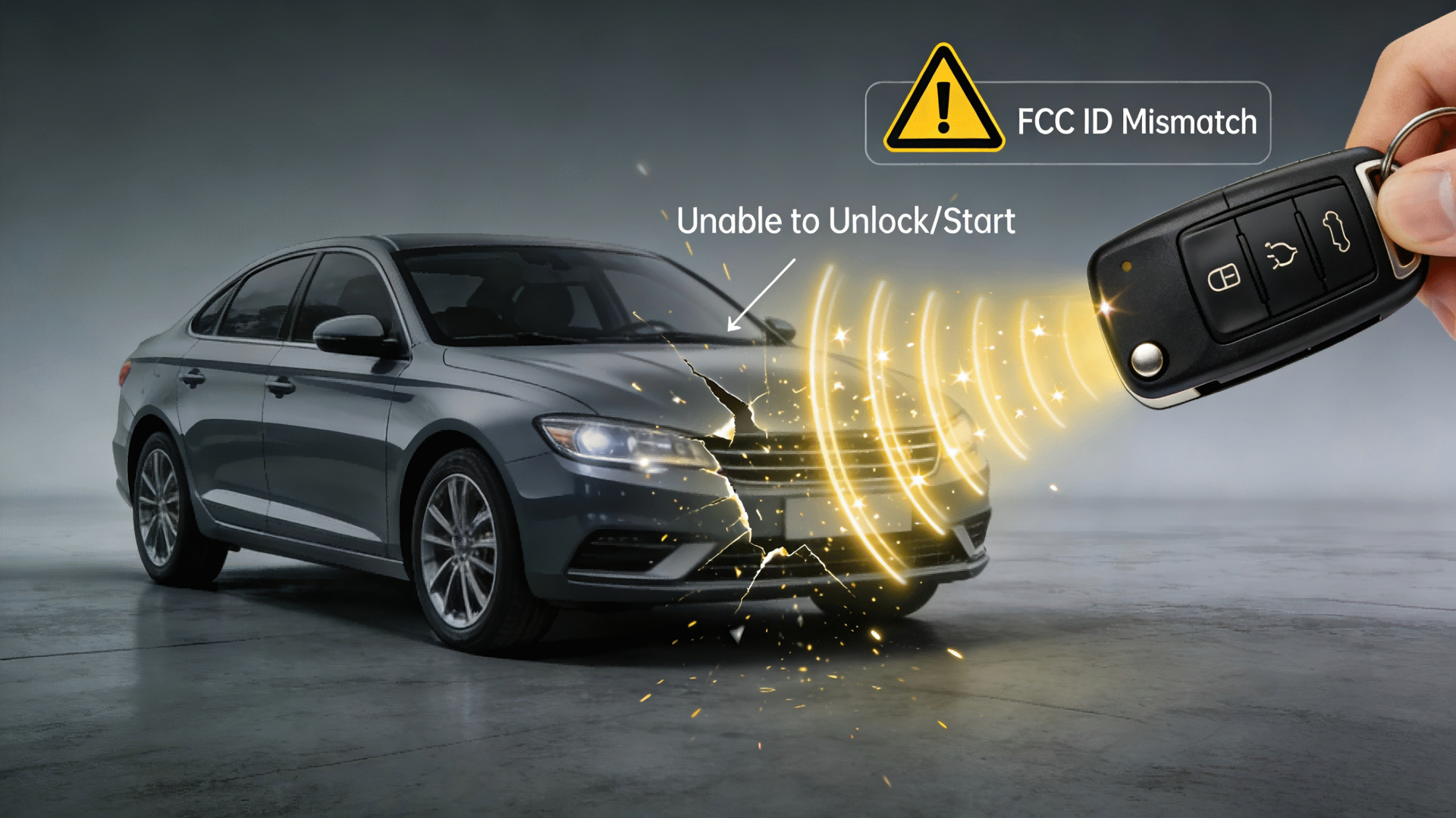 Silver sedan being unlocked by a key fob with wireless signal graphic and warning icon