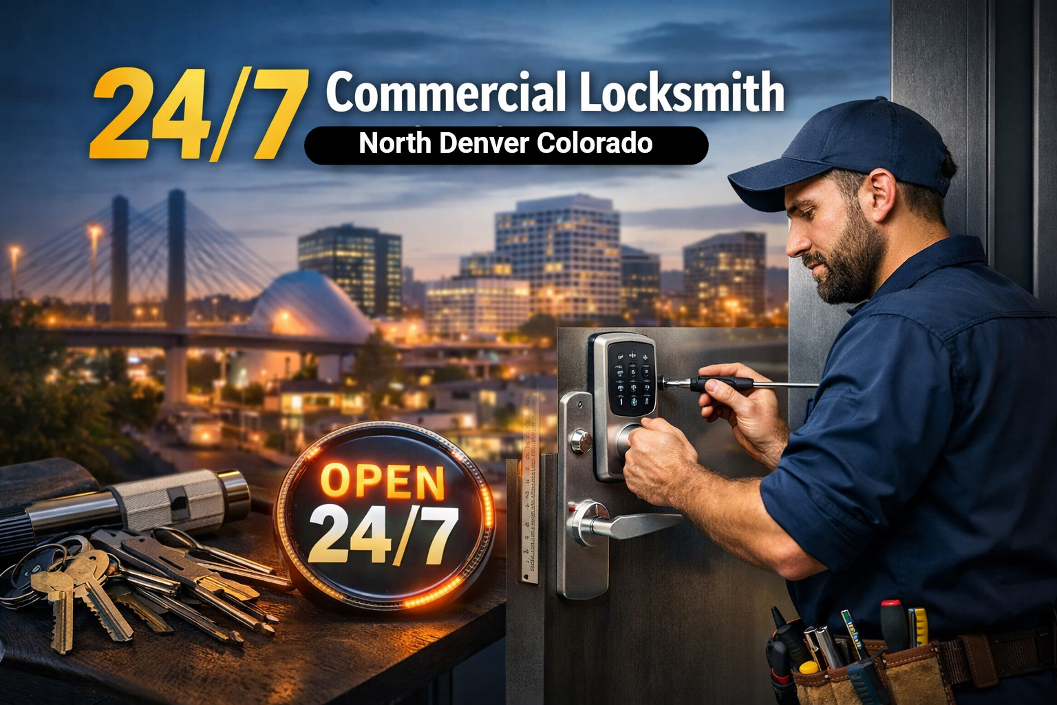 24/7 commercial locksmith ad with technician unlocking a door at night in North Denver, Colorado