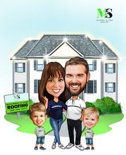 Family in front of a house, cartoon style. Roofers logo. Two children, parents smiling.