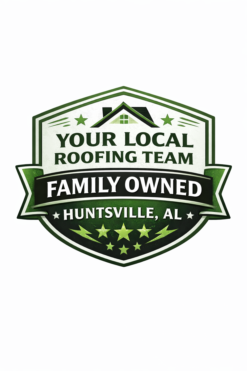 Logo for a Huntsville, AL roofing company: green and black shield with text