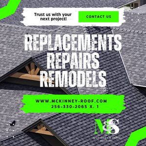 Roofing advertisement: Gray roof, text 