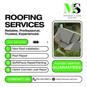 Roofing services advertisement. Green accents. Lists services: installation, repair, soffit, interior. Photo of a house. Guaranteed fastest service. Contact info.