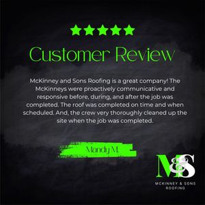 Customer review graphic. Green stars and text on black background. Mandy M reviews McKinney and Sons Roofing.