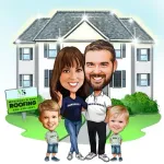 Cartoon family in front of a house, advertising for