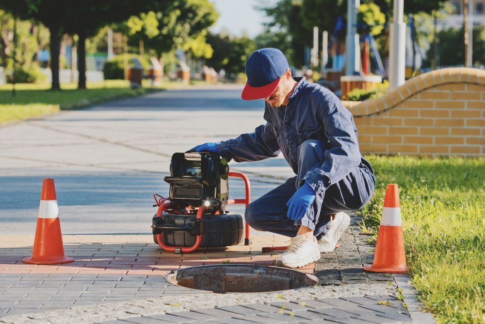 Plumber kneels, inspecting sewer, beside camera and cones. Wearing blue jumpsuit, red-brimmed cap and gloves.