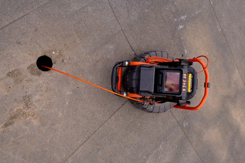 An orange and black robotic device with a camera is lowered into a hole via a rope on pavement.