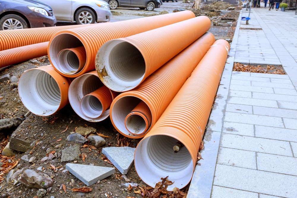 Orange corrugated plastic pipes stacked on a construction site next to a sidewalk.