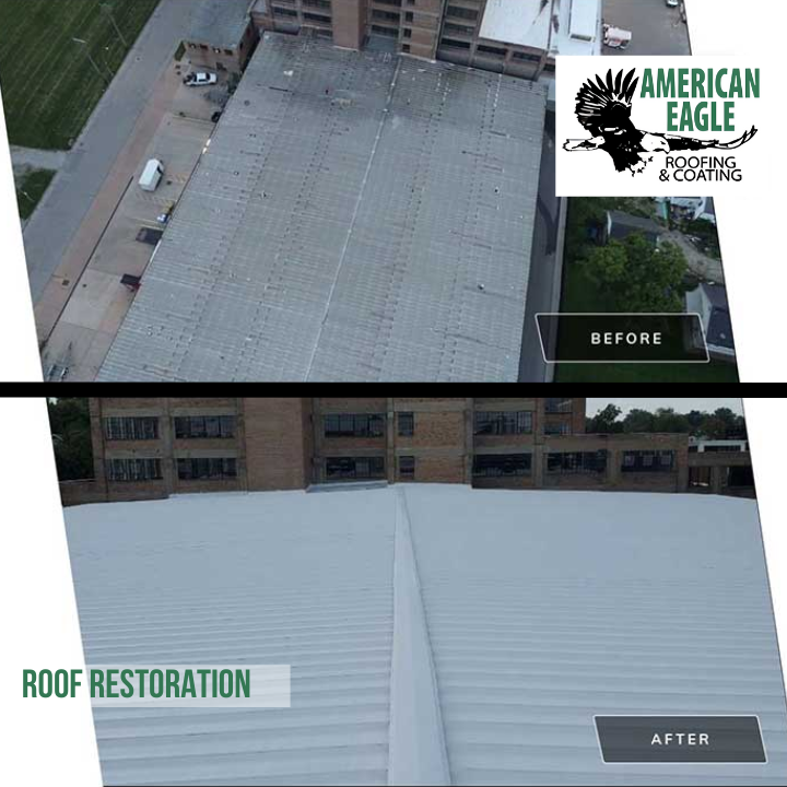 An aerial view of a building before and after roof restoration