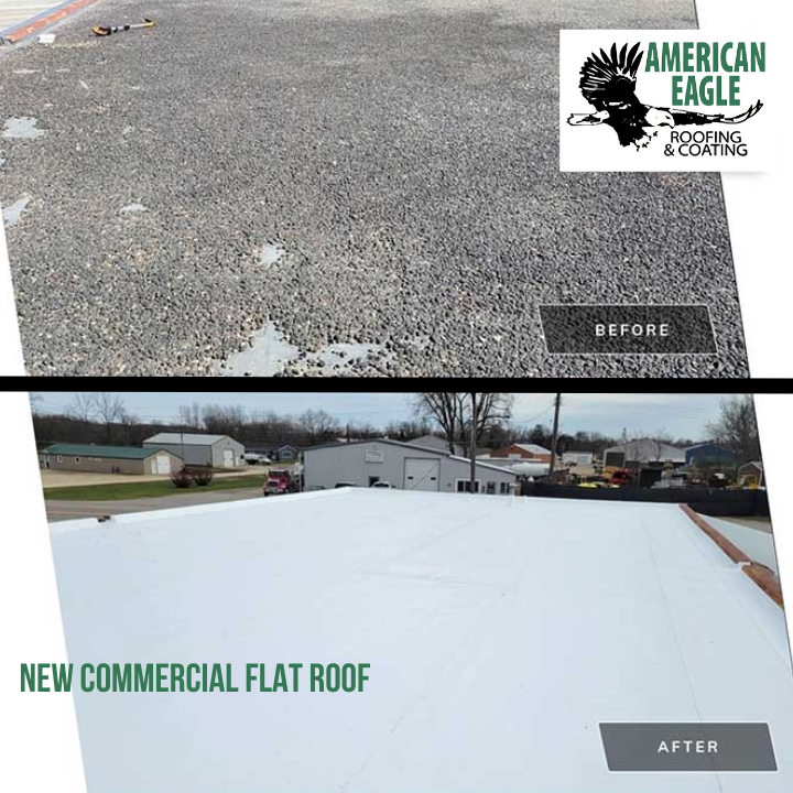 A before and after photo of a new commercial flat roof