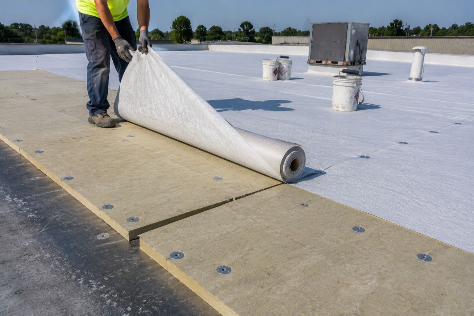 Close-up of a commercial roof where fabric-reinforced coating.