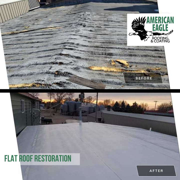 A before and after photo of a flat roof restoration