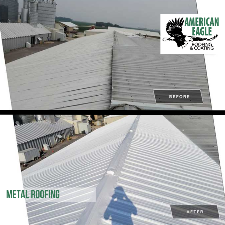 A before and after picture of a metal roof
