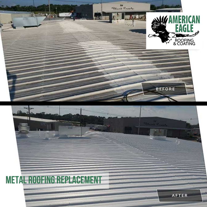 A before and after picture of a metal roofing replacement