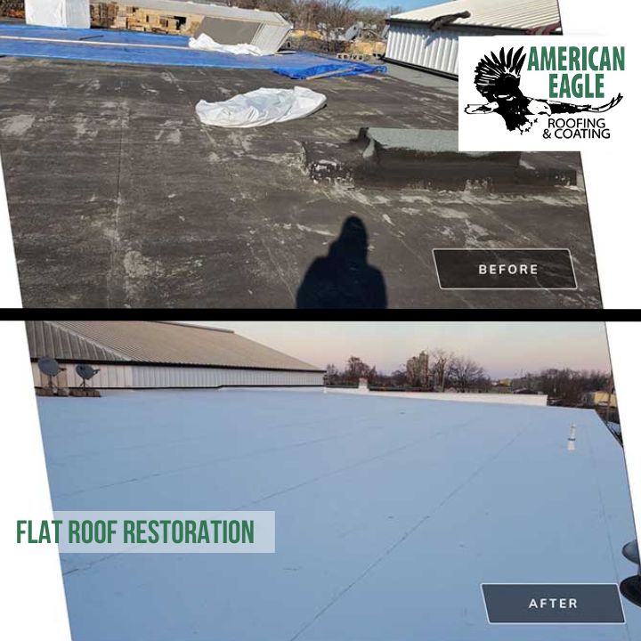 A before and after photo of a flat roof restoration