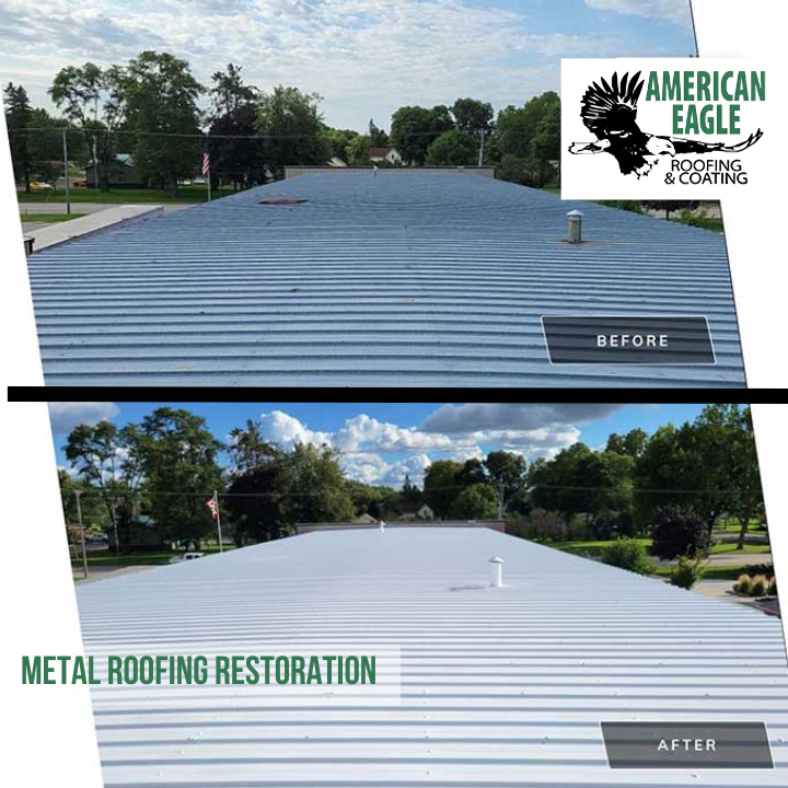 A before and after picture of a metal roofing restoration