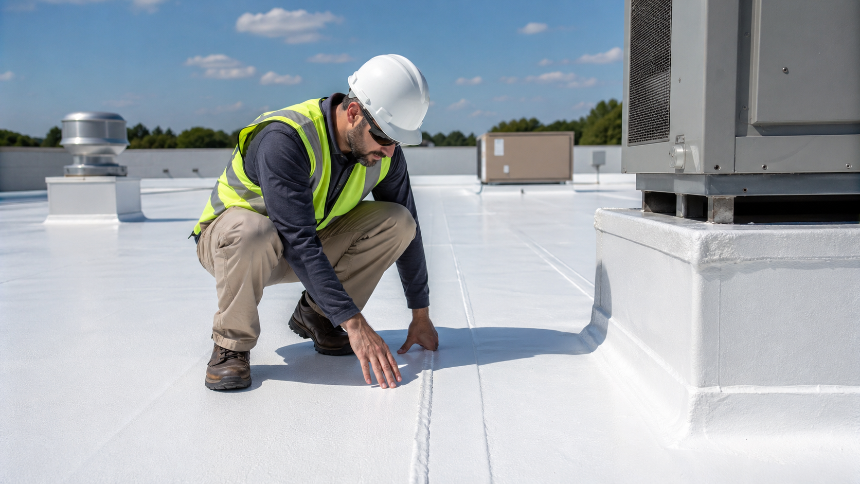 Roofer inspecting a coated commercial roof seam next to an HVAC unit to maintain coating performance