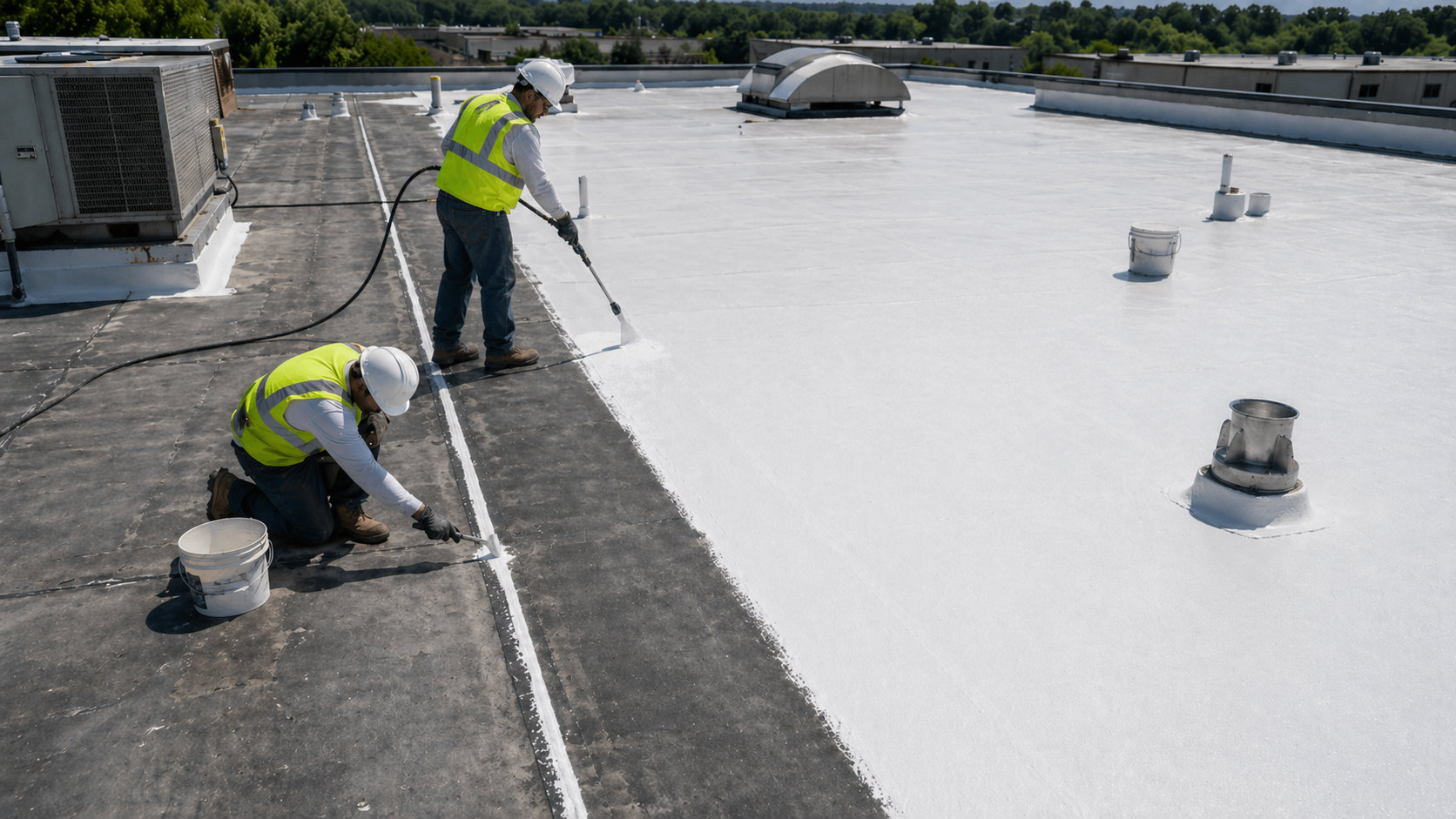 Crew applying white roof coating on a commercial flat roof during restoration and seam prep.