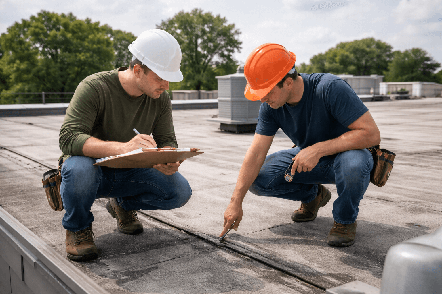 Two roofers in hard hats conducting a commercial roof inspection.