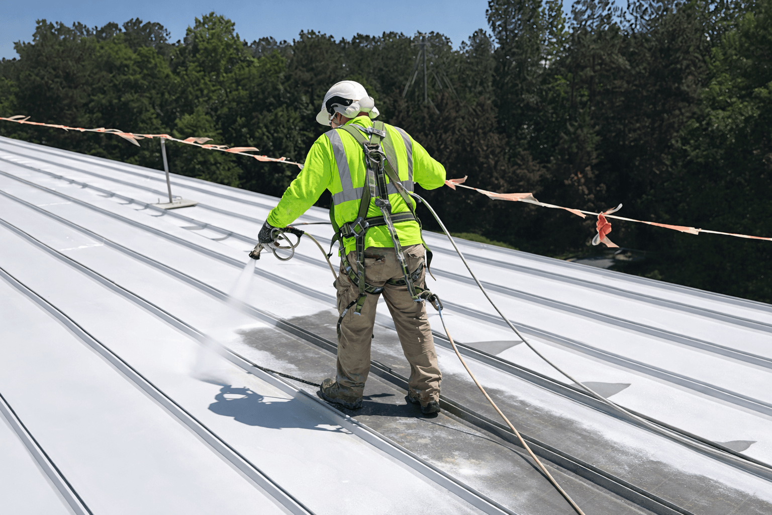 Worker spraying white metal roof coating on a commercial standing-seam roof.