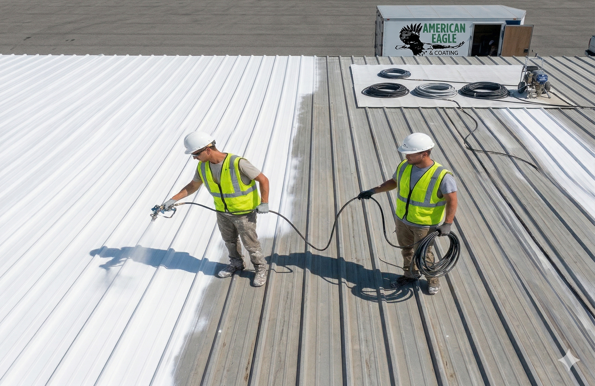 Crew spraying white roof coating on a commercial metal roof restoration project.