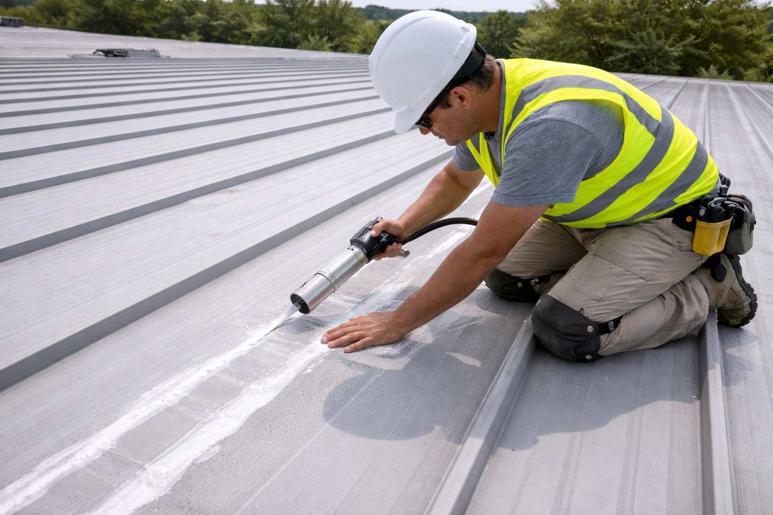 Contractor sealing a standing-seam metal roof joint to prevent commercial roof leaks.