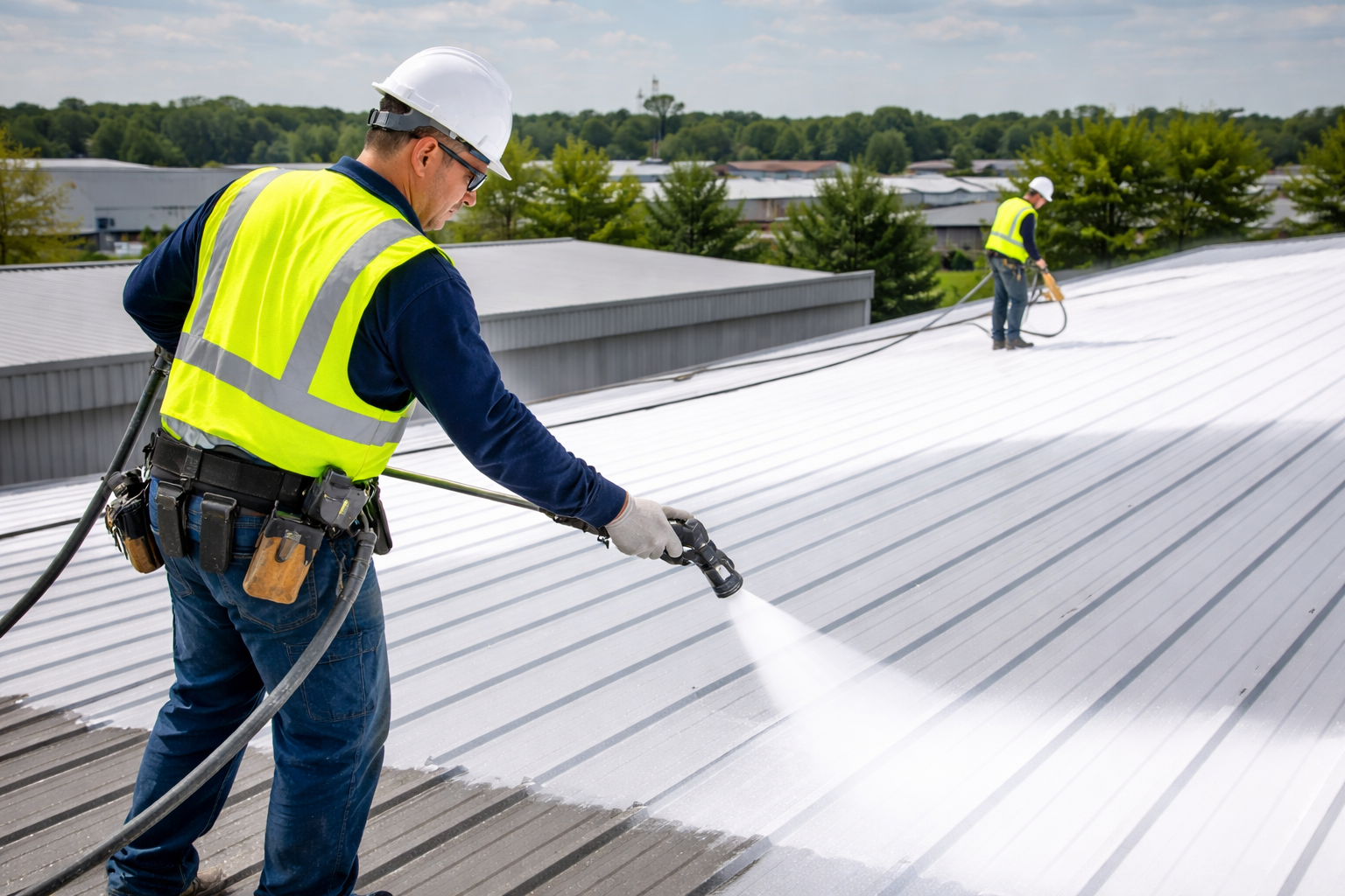 Commercial roofer spraying reflective coating on a metal roof restoration project.