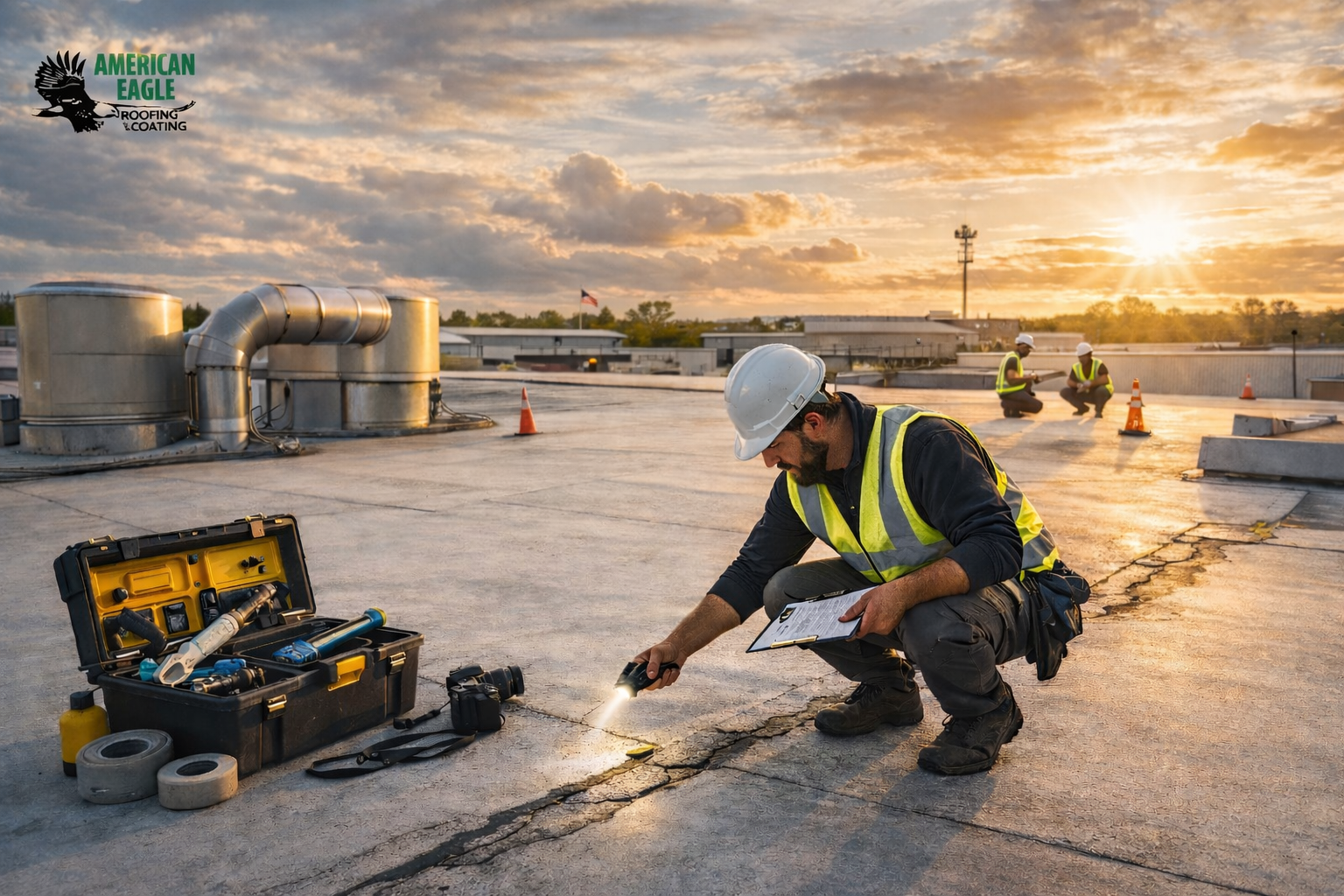 Roof inspector checking a commercial flat roof seam during a scheduled inspection at sunset.