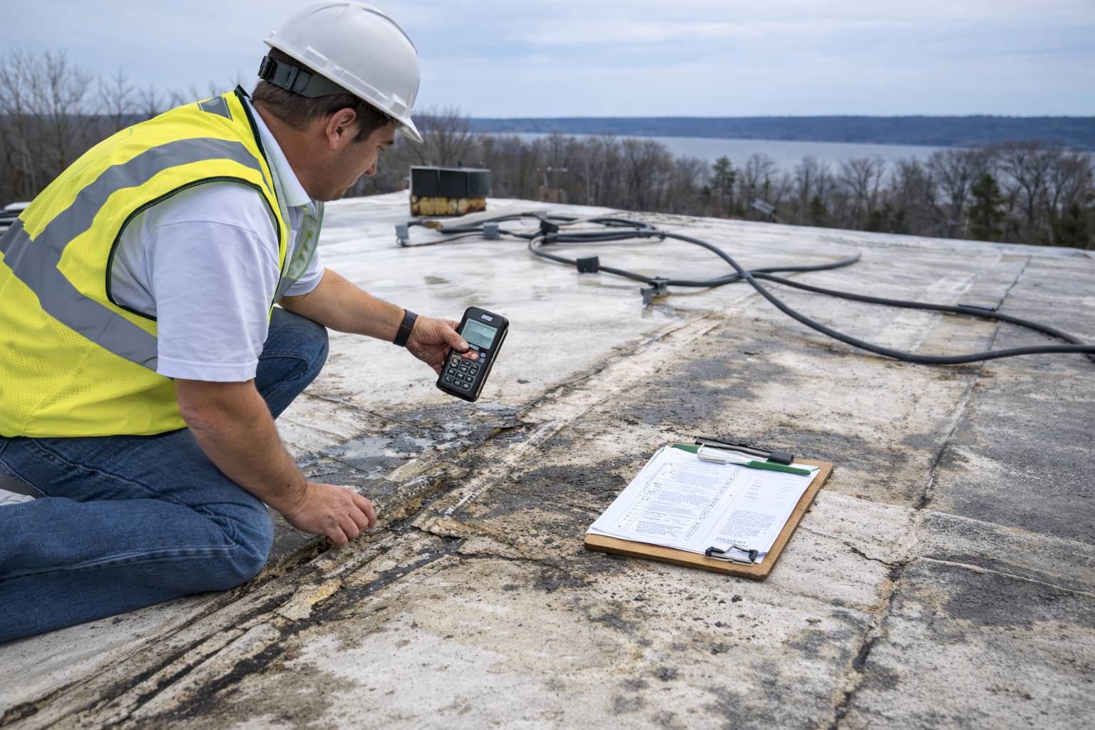 Commercial roofer checking a roof seam with a moisture meter during an inspection.