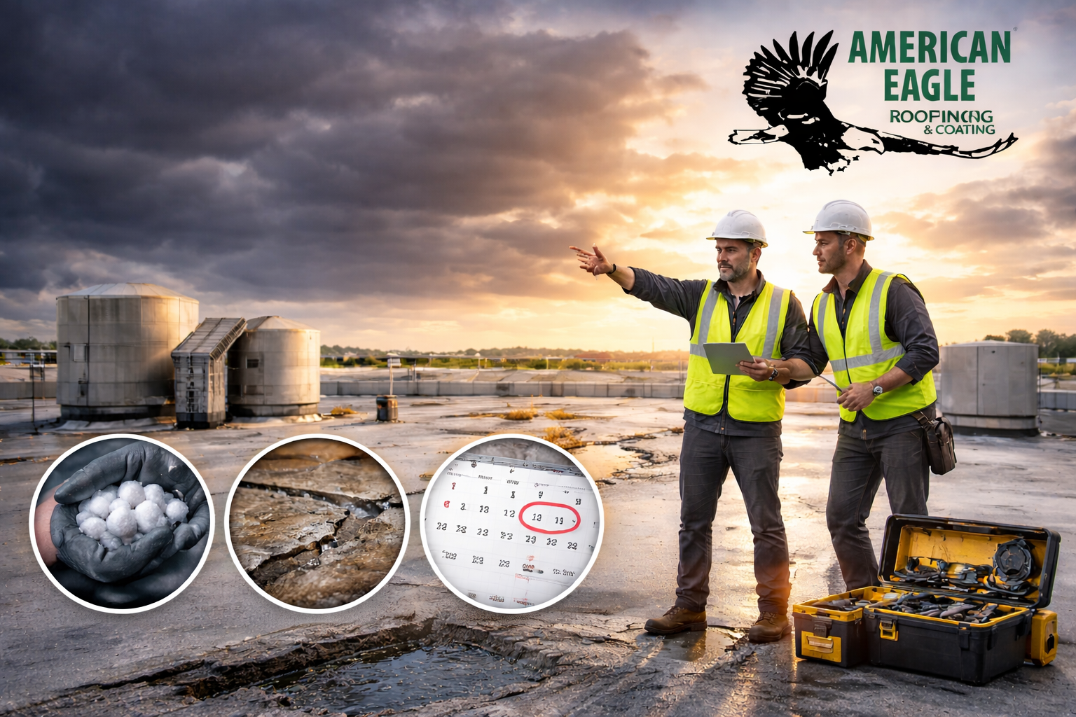 Two commercial roof inspectors in safety vests on a flat roof at sunset with American Eagle Roofing