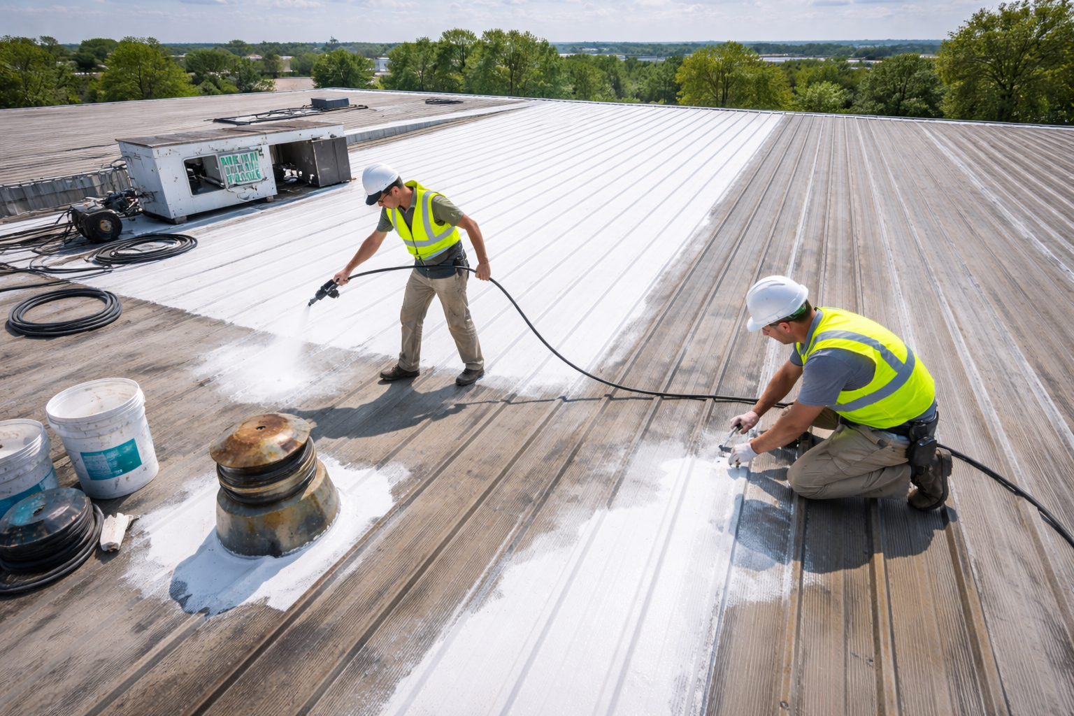 Commercial roofer inspecting a standing-seam metal roof before applying a roof coating system.