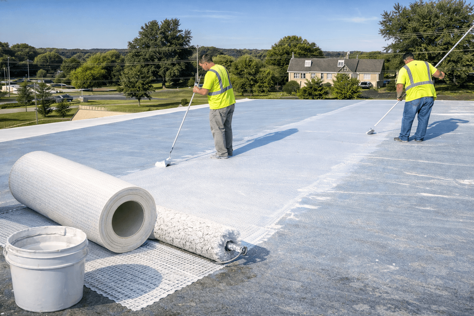 Fabric-reinforced roofing system installed on a commercial low-slope roof to reinforce seams.