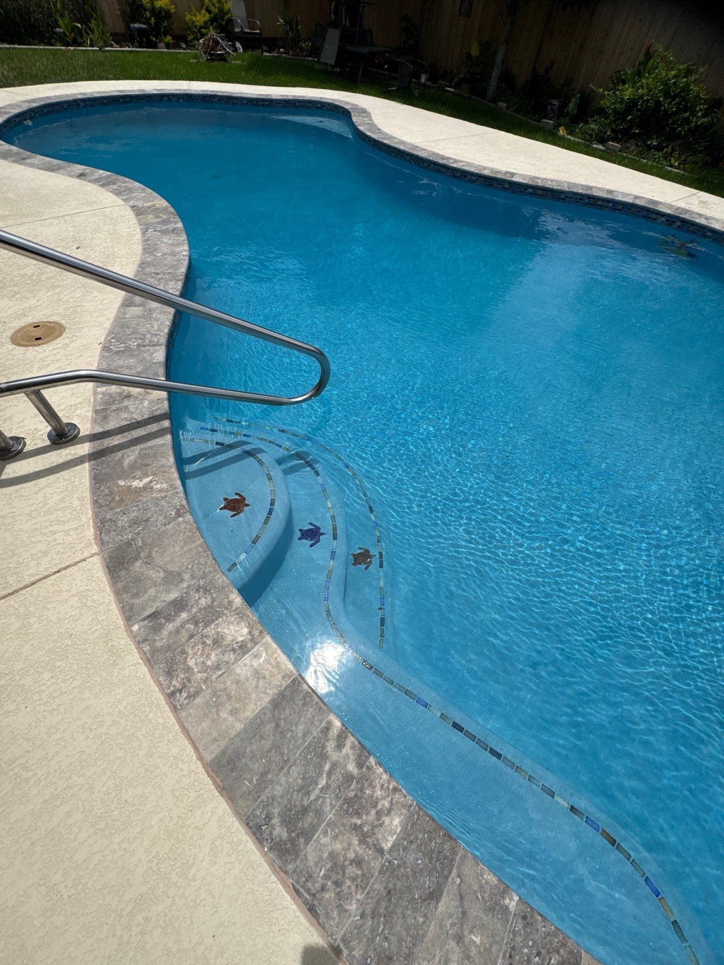Blue swimming pool with stone coping and built-in steps with decorative tiles. Handrail visible.