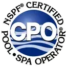 NSPF Certified Pool & Spa Operator logo: blue globe with white