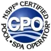 NSPF Certified Pool & Spa Operator logo: blue globe with white