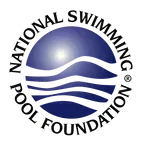 Logo: National Swimming Pool Foundation, blue circle with white text and sun-like design.