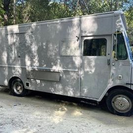 Gray food truck parked on a tree-lined dirt road, side view
