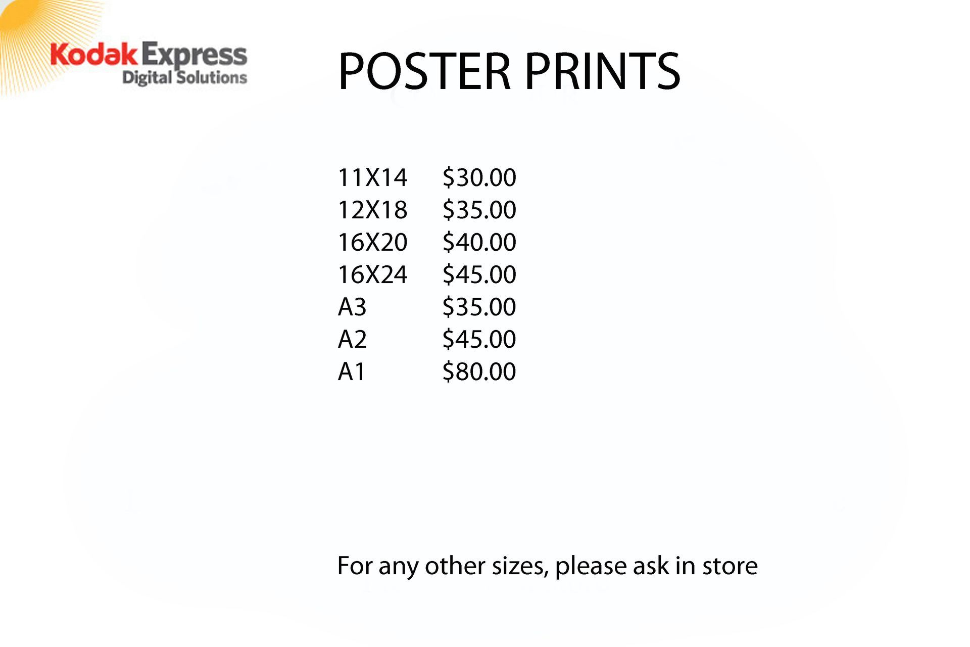 Kodak Express Digital Solutions' rate list for Poster Prints