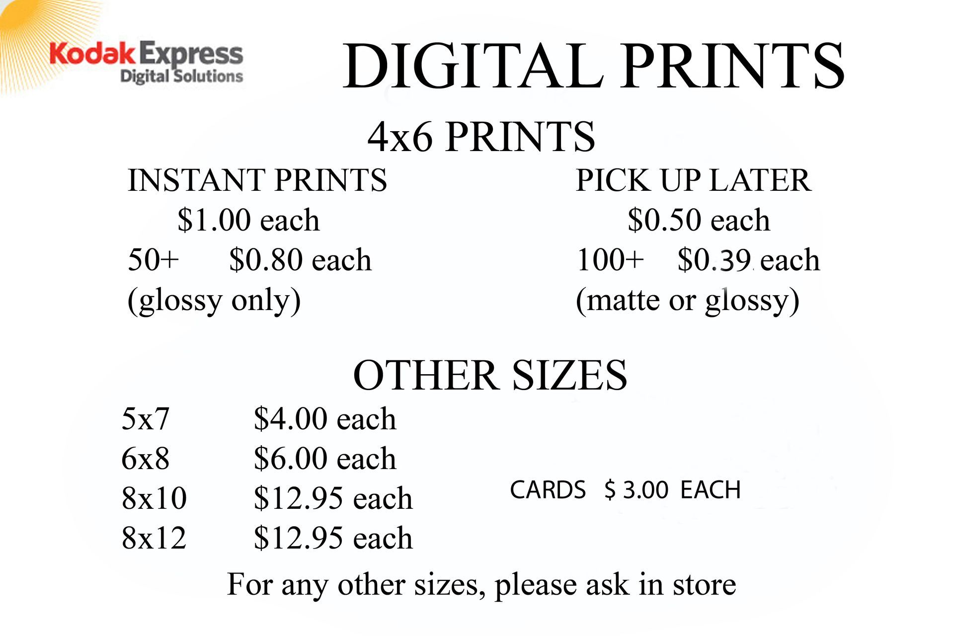 Kodak Express Digital Solutions' rate list for Digital Prints