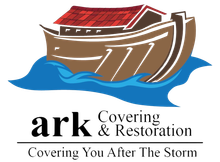 A logo for ark covering and restoration covering you after the storm