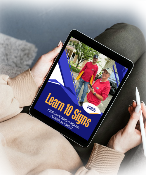 A person is holding a tablet that says learn 10 signs