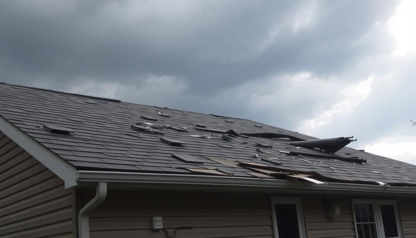 A house with a roof that has been damaged by a storm