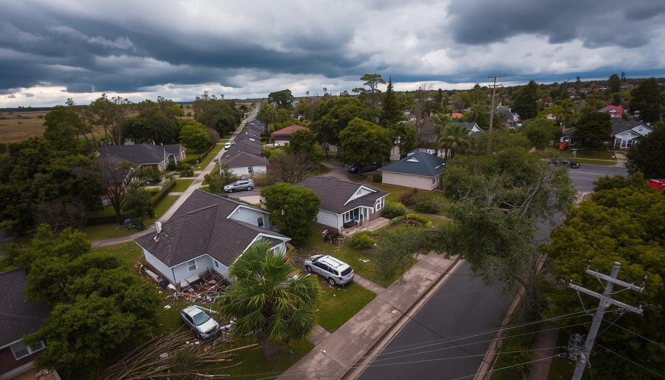 An aerial view of a residential neighborhood during a storm.