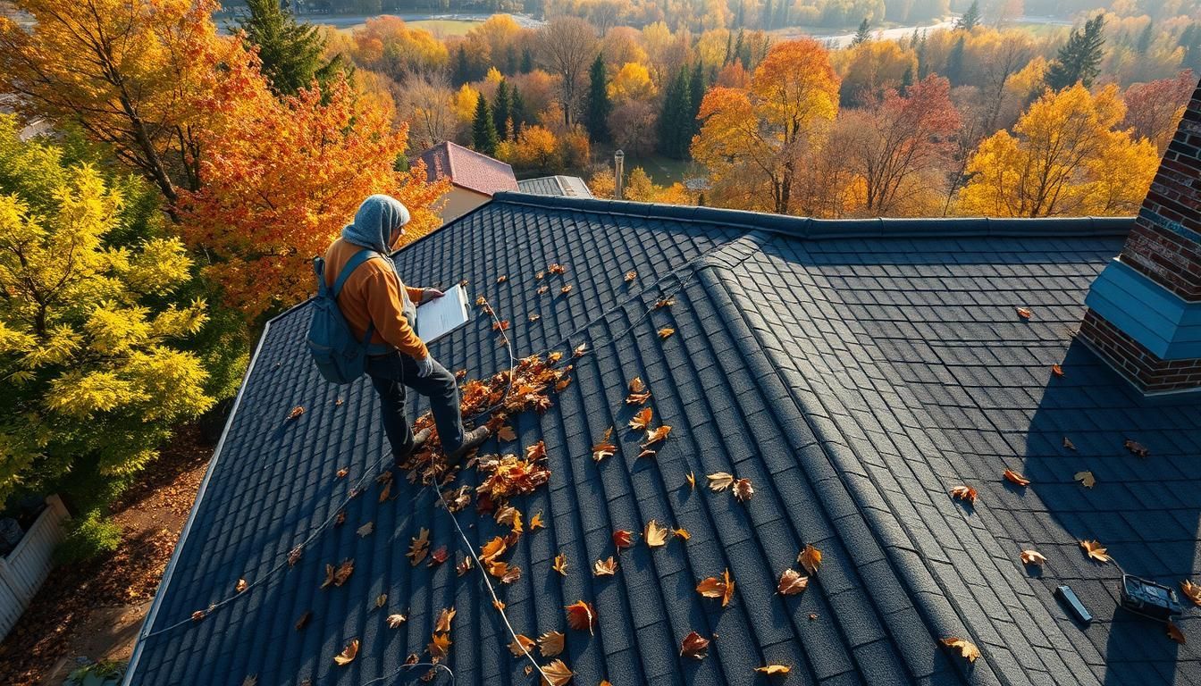 A man is sitting on the roof of a house looking at a map.