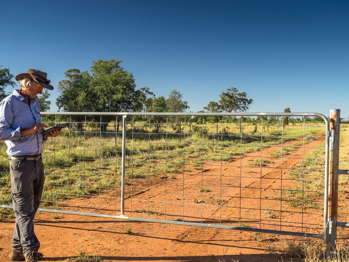 A man standing next to his property gate checking his tablet.