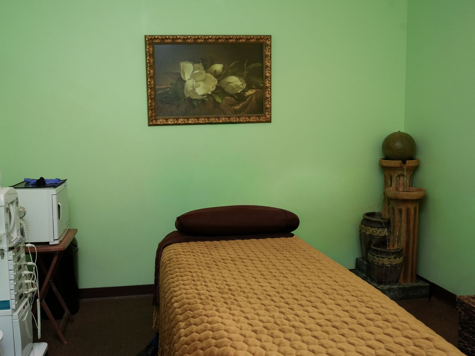 Massage room with green walls, a massage table, framed art, and decorative shelves.