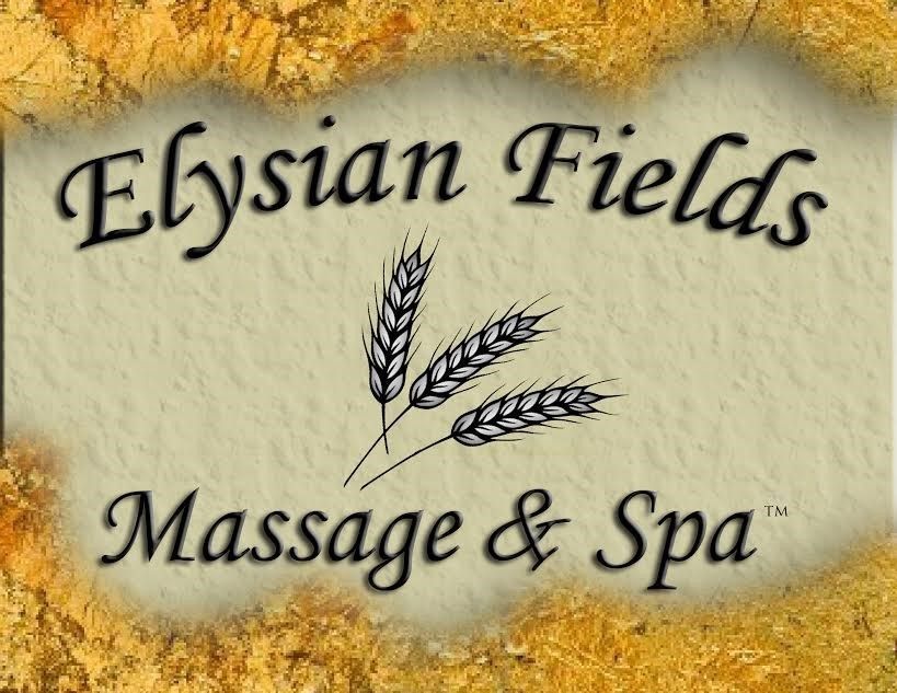 Elysian Fields Massage & Spa logo on a beige textured background with wheat stalks